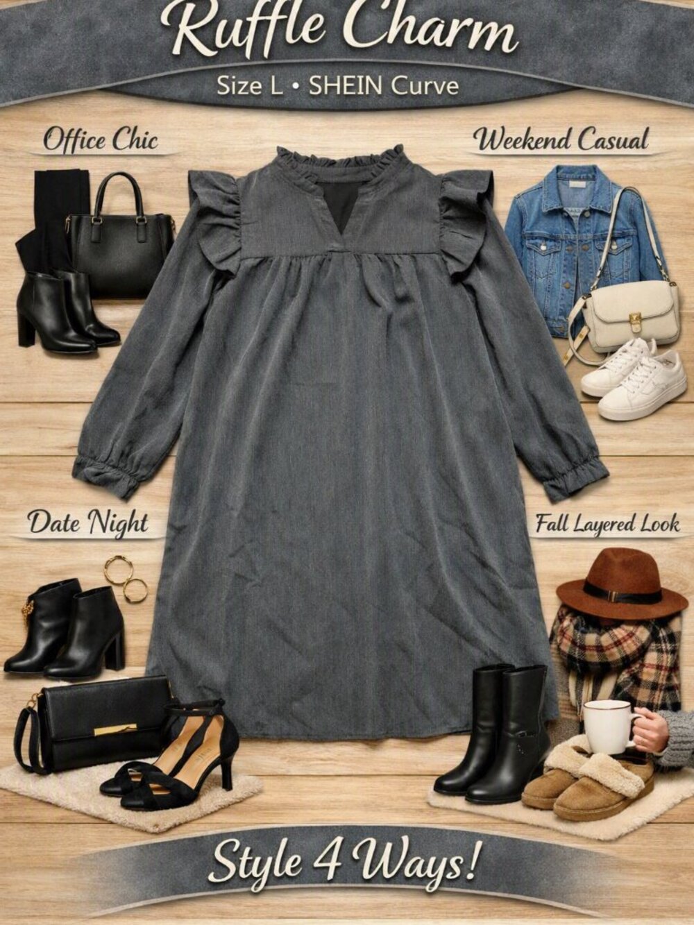SHEIN Grey Ruffle Shoulder V-Neck Smock Dress Long Sleeve Size Large